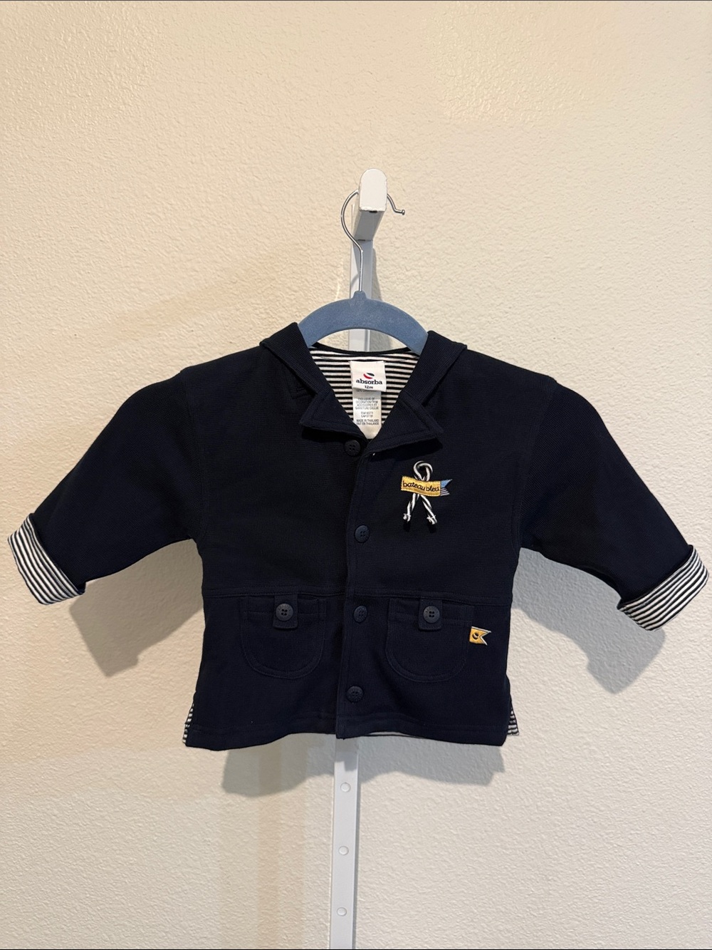 Absorba Navy Hooded Baby Cardigan with Embroidered Sailor Detail